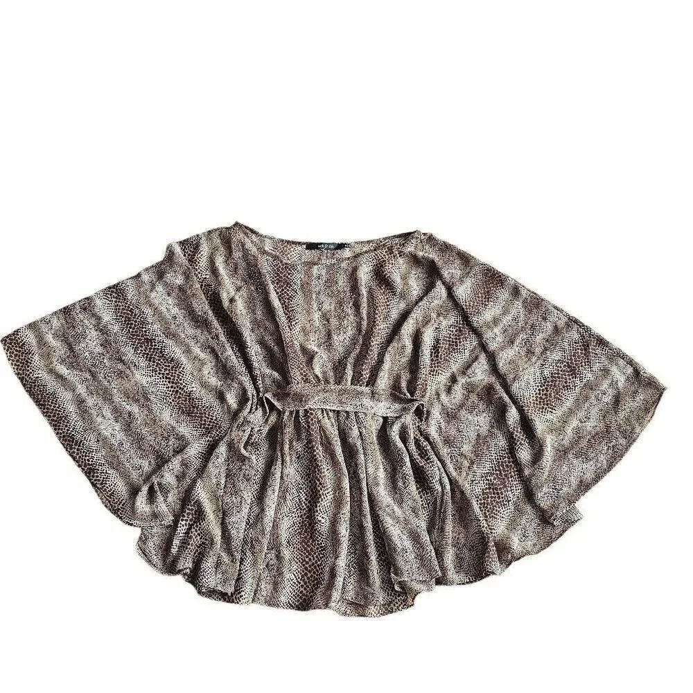 Ark & Co womens Sz M brown Animal print tie back butterfly sleeves blouse